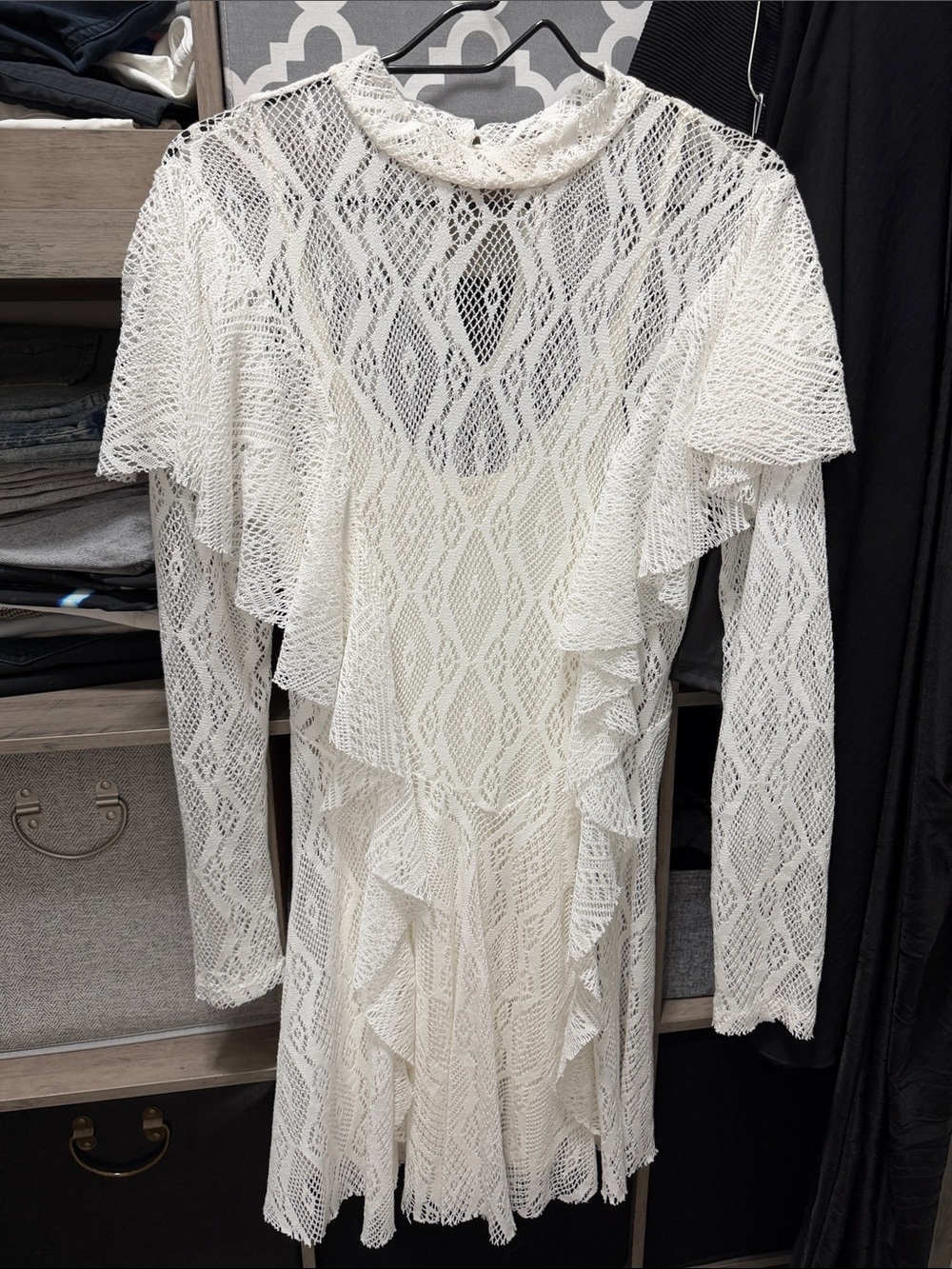 Free People Ivory Lace Long-Sleeve Ruffle Dress Like New